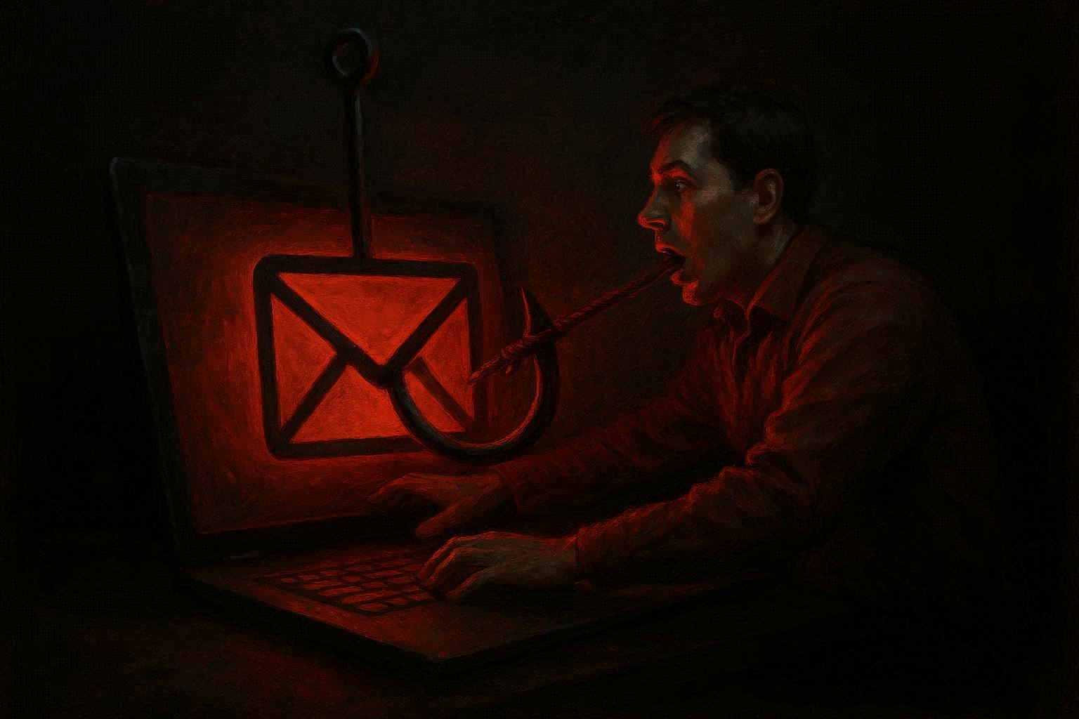 Ilustrasi hook tersembunyi berbentuk ikon email menarik seseorang ke layar laptop, konsep phishing