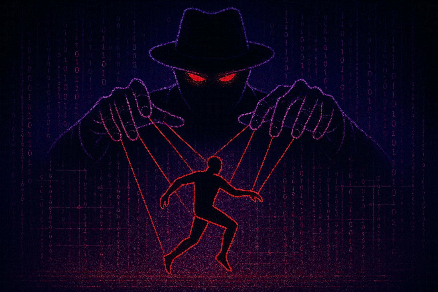 Ilustrasi dalang mengendalikan siluet manusia dengan benang, metafora social engineering