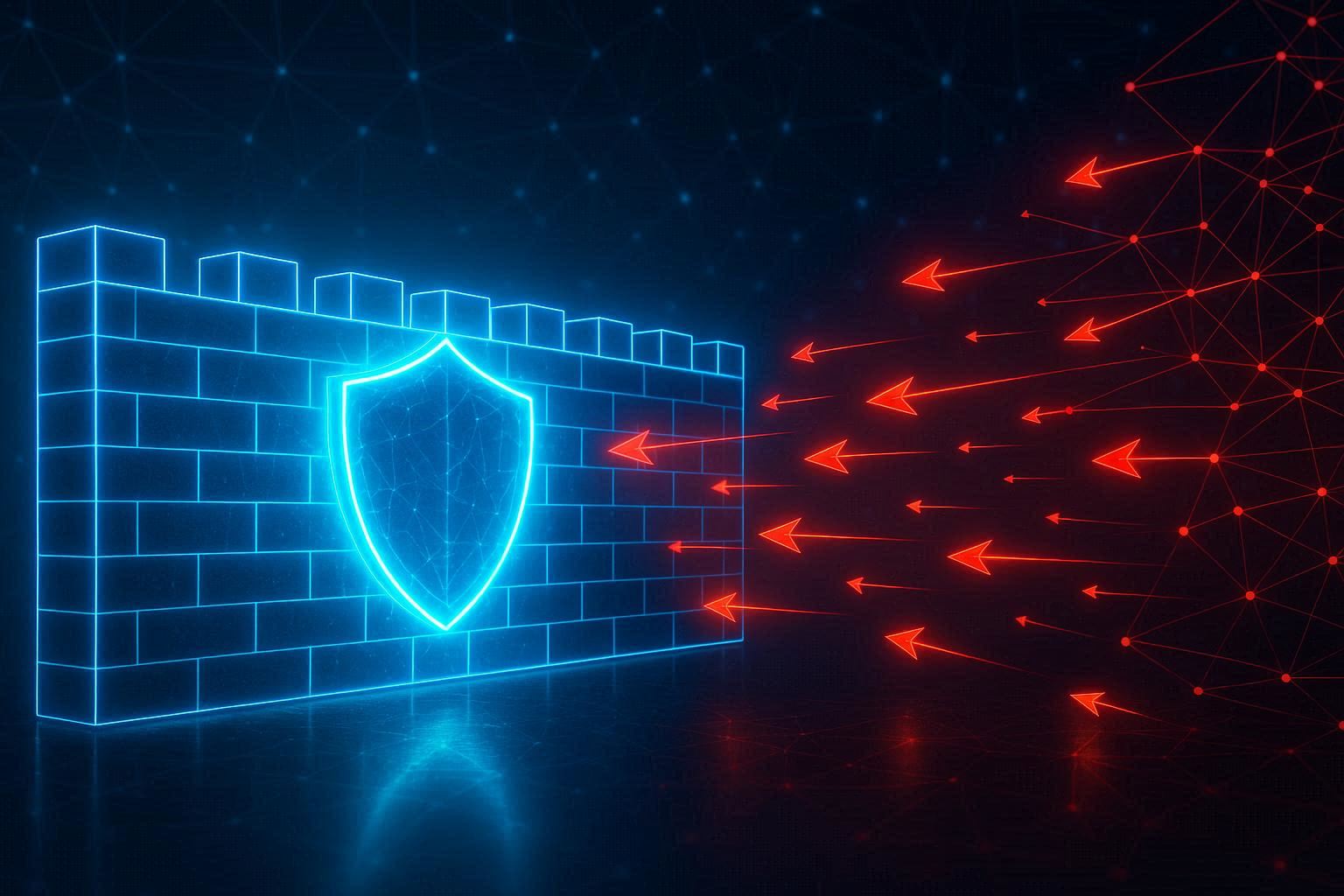 Ilustrasi benteng digital bercahaya biru memblokir serangan siber merah, konsep firewall