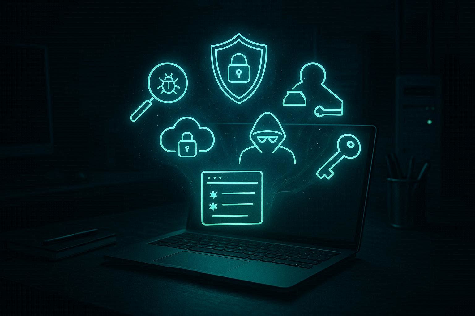 Kotak perkakas digital dengan tujuh tools keamanan siber bercahaya di atas laptop, tema hacker profesional