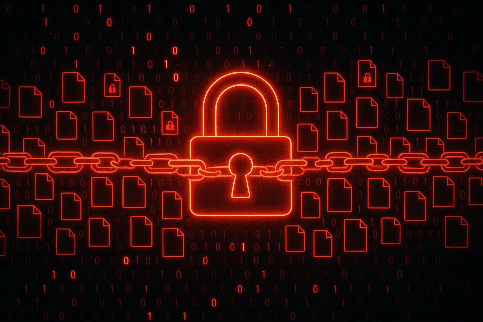 Gembok digital merah membelenggu ratusan file yang tersebar, konsep ransomware dramatis