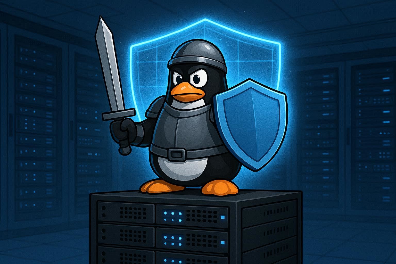 Penguin Linux berbaju zirah menjaga rak server, konsep hardening server, ilustrasi teknologi