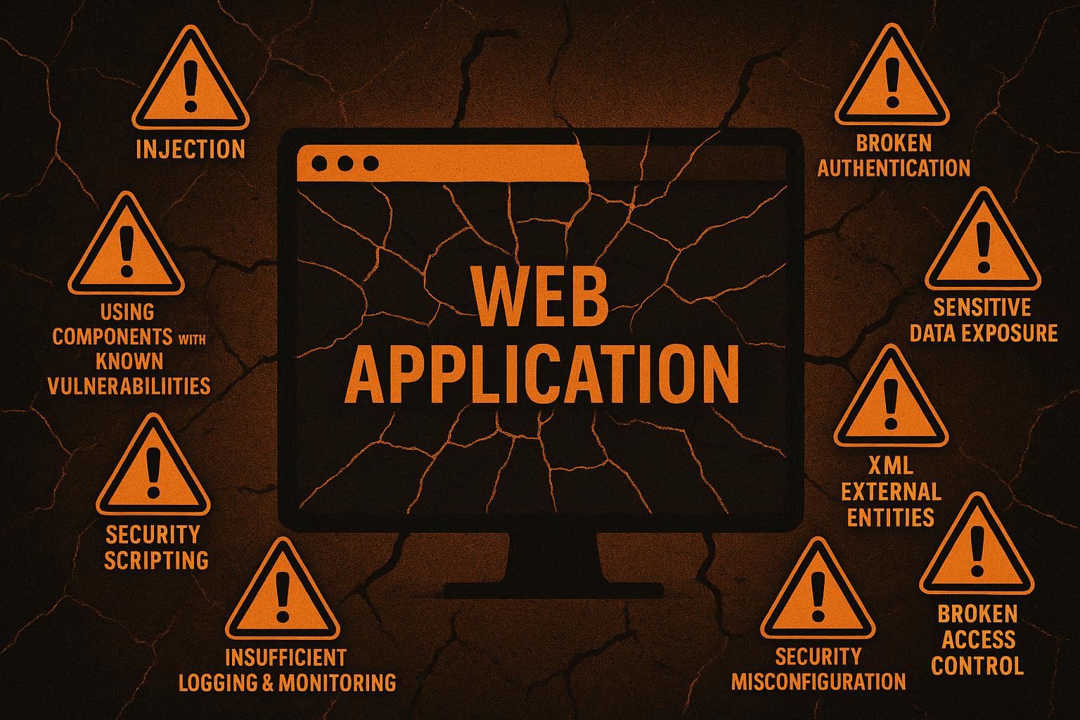 Aplikasi web retak dengan tanda peringatan 10 kerentanan teratas, konsep OWASP