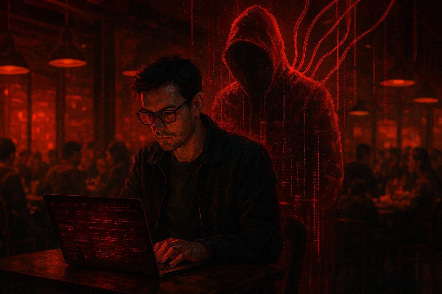 Pengunjung kafe dengan laptop di tengah serangan siber, ilustrasi bahaya WiFi publik dengan efek digital merah