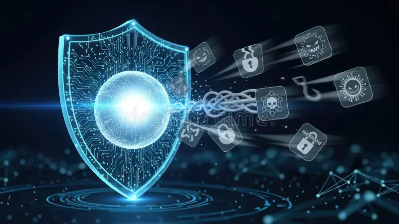 Smartphone Android dilindungi perisai biru menangkal ikon malware merah kecil, cara mengamankan smartphone Android dengan simbol gembok keamanan