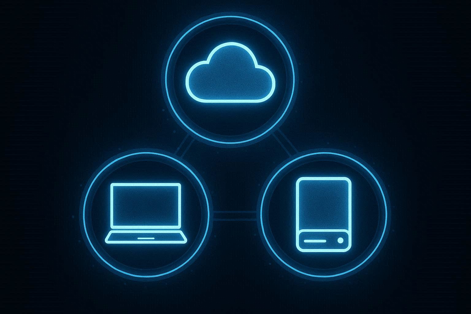 Tiga simbol penyimpanan data bercahaya berbentuk segitiga, strategi backup data 3-2-1 — laptop, hard disk eksternal, dan cloud — dihubungkan cincin biru pelindung