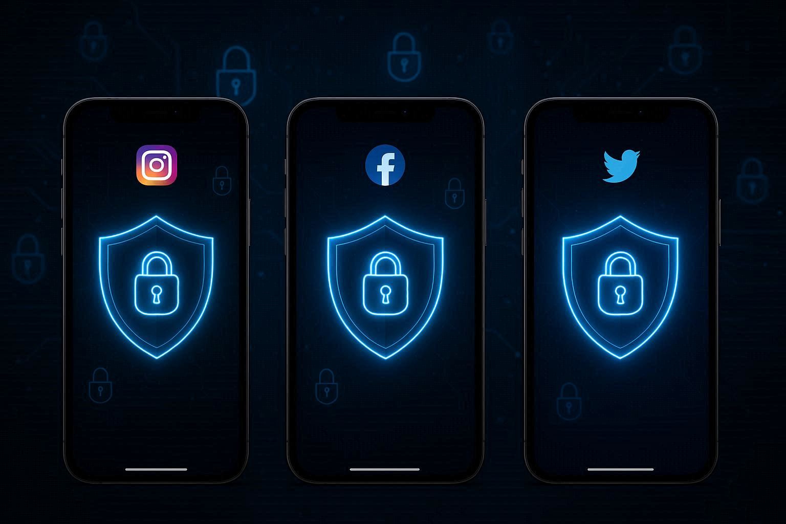 Tiga layar smartphone menampilkan ikon Instagram, Facebook, dan Twitter dengan perisai pelindung, cara mengamankan akun media sosial dari peretasan