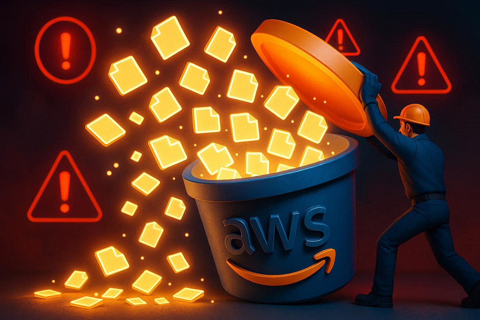 Render 3D dramatis ember S3 AWS terbuka dengan file data bercahaya tumpah keluar, seorang engineer keamanan berlari menutupnya, lampu peringatan merah menyala