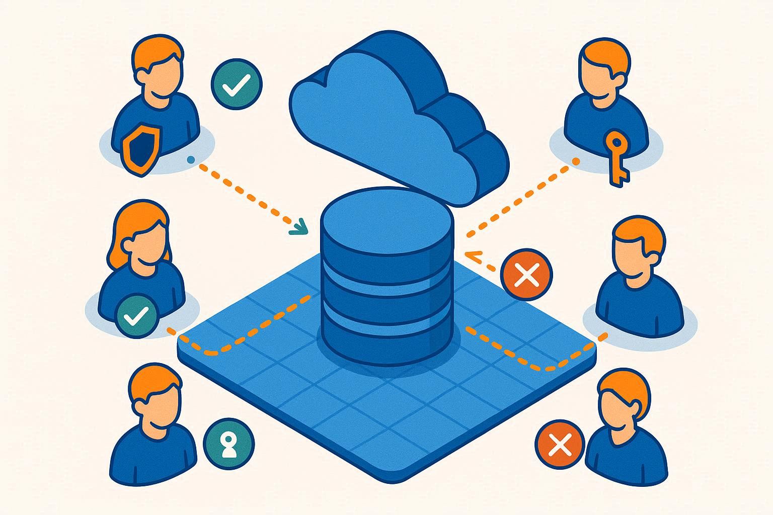 Ilustrasi isometrik konsep IAM dengan avatar pengguna memiliki lencana izin berbeda mencoba mengakses database cloud pusat, dengan tanda centang hijau dan silang merah