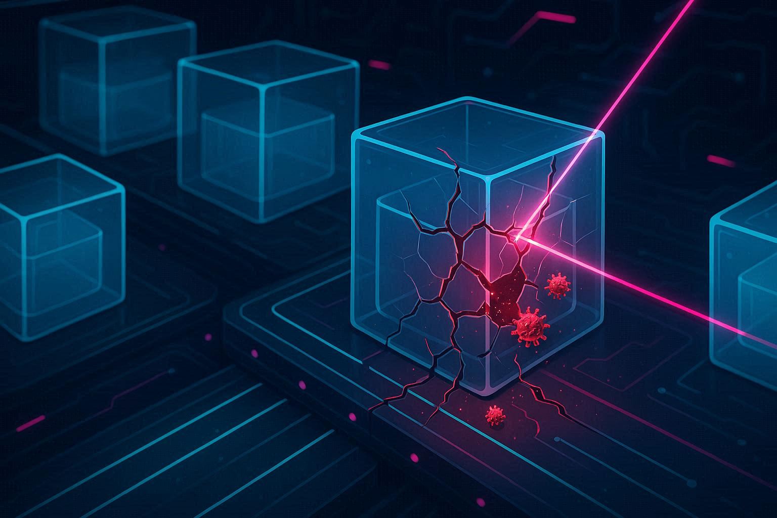Visualisasi artistik kontainer Docker sebagai kubus kaca biru transparan di jalur produksi futuristik, satu kubus retak dengan partikel malware merah bocor, sinar pemindai keamanan menyorot kerentanan