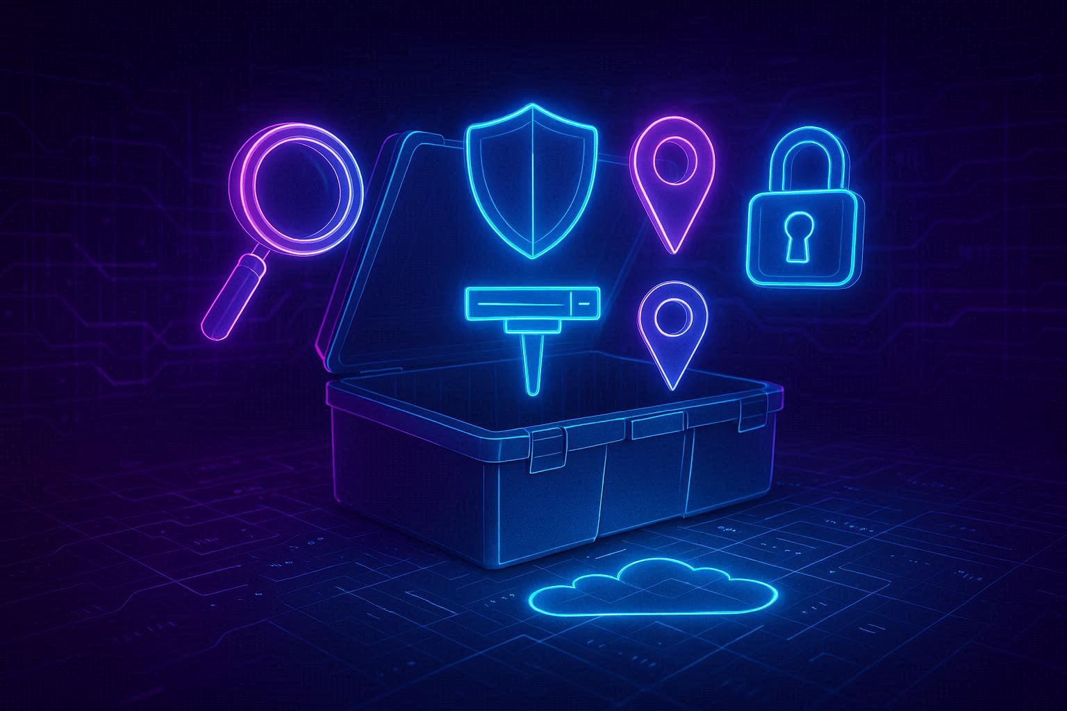 Kotak perkakas digital futuristik terbuka di atas dashboard infrastruktur cloud holografik, lima alat bercahaya melayang di atasnya dengan simbol keamanan berbeda dan warna neon ungu-sian