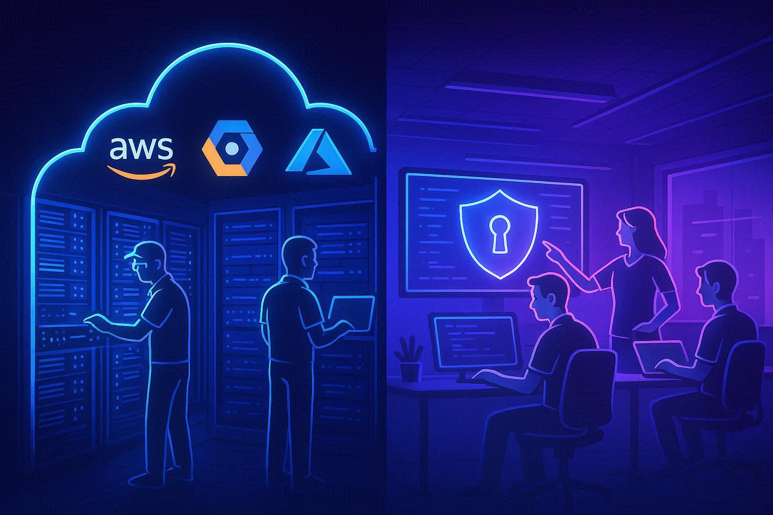 Ilustrasi digital pusat data berbentuk awan yang terbelah dua, satu sisi dikelola penyedia cloud dan sisi lain dikelola pengguna, dengan warna neon biru dan ungu