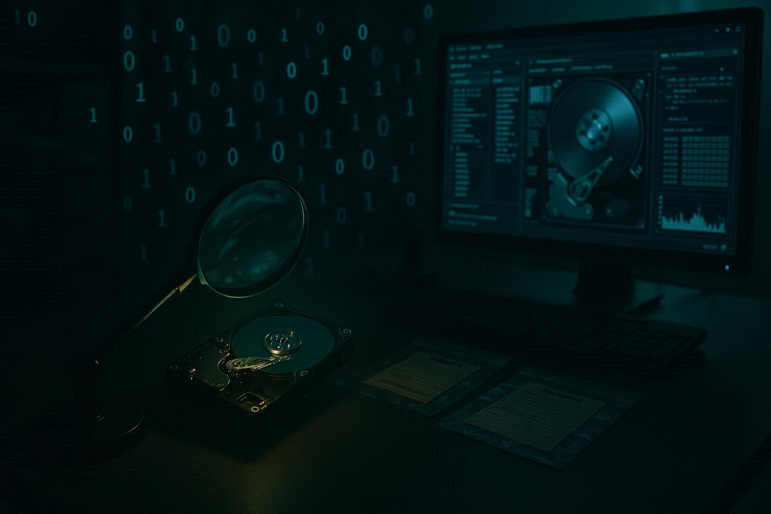 Lab forensik digital remang dengan hard drive bercahaya di bawah kaca pembesar, konsep investigasi forensik digital