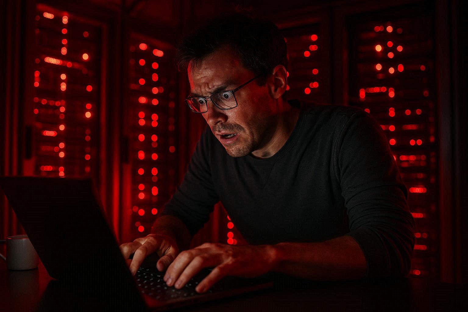Security engineer panik di ruang server jam 2 pagi dengan lampu peringatan merah, konsep incident response