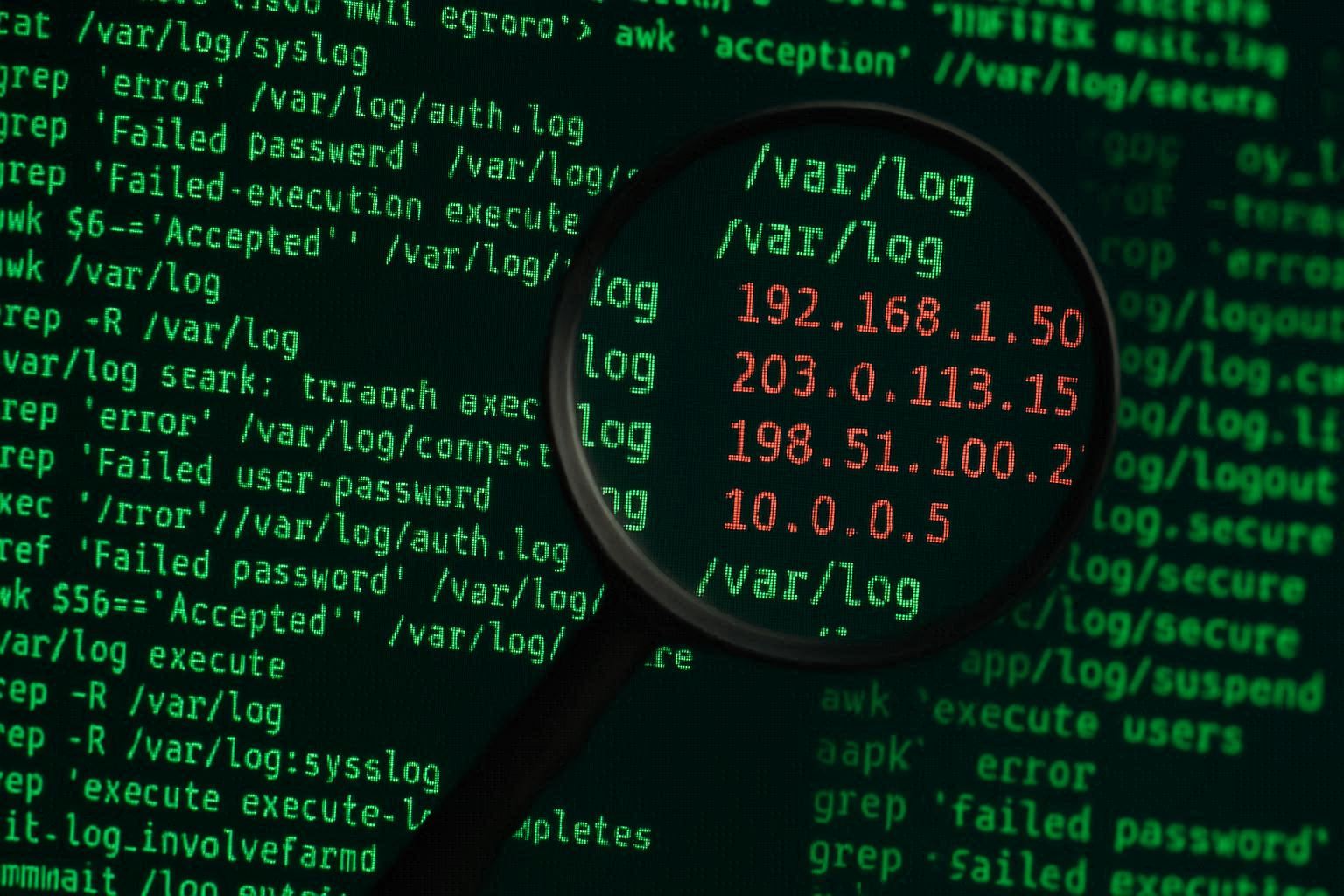 Terminal Linux menampilkan perintah cara analisis log server dengan entri /var/log yang mencurigakan disorot merah, teks hijau ala matrix di latar gelap profesional untuk forensik digital