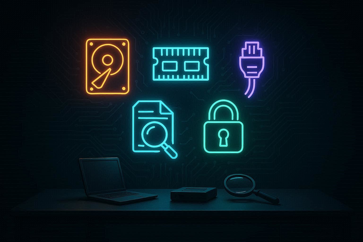 Lima tools forensik digital bercahaya melayang di atas server, ikon kaca pembesar, hard drive, RAM, network, dan shield