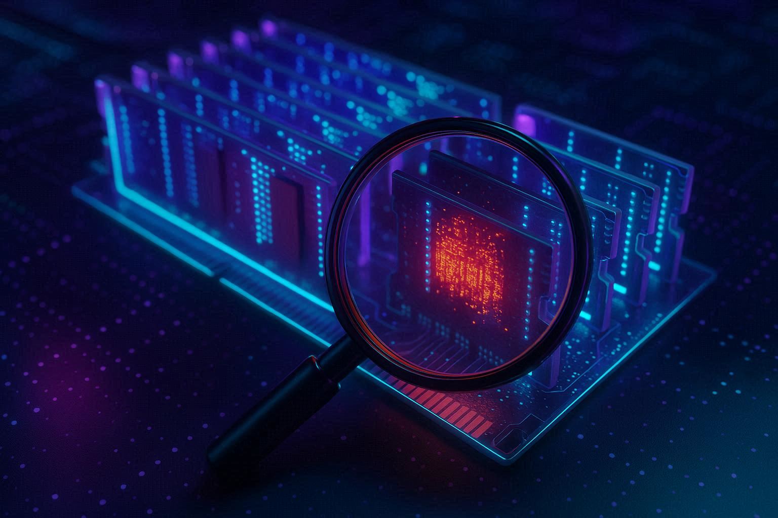 Visualisasi RAM komputer dengan kode malware tersembunyi terdeteksi oleh tool Volatility, tema keamanan siber gelap