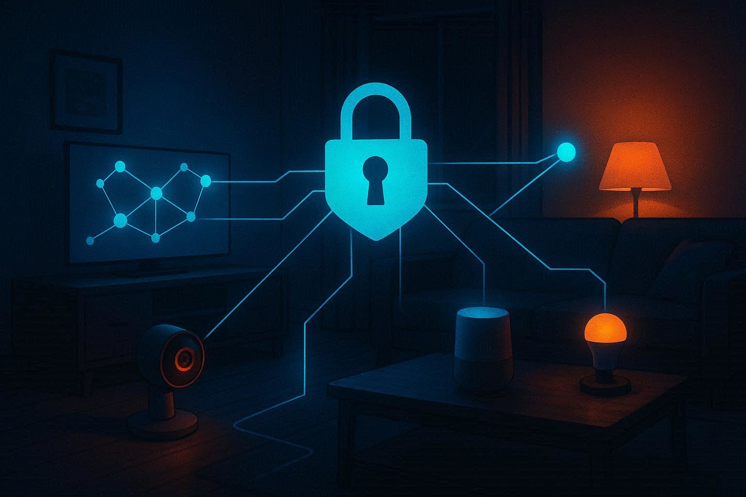 Ruang tamu berisi perangkat IoT seperti kamera CCTV, smart TV terhubung garis jaringan biru, ikon gembok besar melayang di tengah sebagai simbol apa itu IoT security