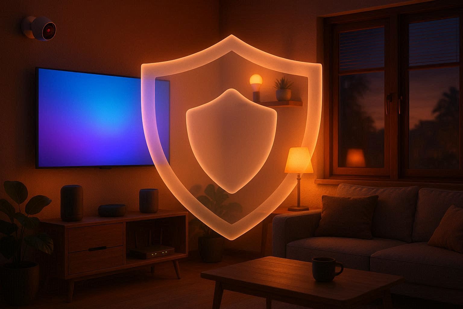 Ruang tamu Indonesia modern dengan berbagai perangkat smart home seperti smart TV, CCTV, smart speaker, dan lampu pintar, dilindungi ikon perisai transparan sebagai simbol keamanan smart home