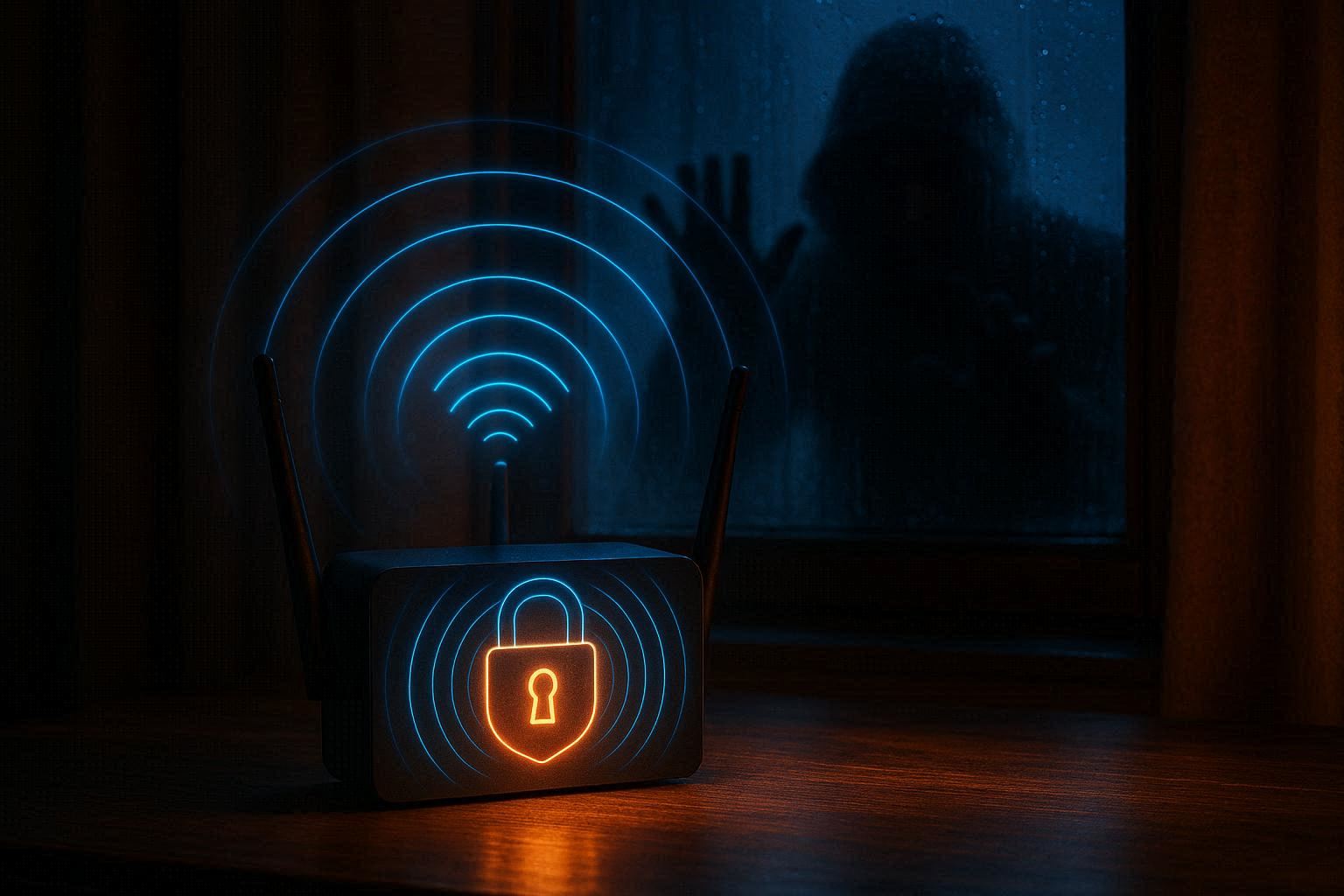 Router WiFi bercahaya di meja kayu dengan gelombang jaringan biru memancar, ikon gembok besar terintegrasi di badan router, sebagai simbol cara mengamankan router WiFi dari ancaman luar