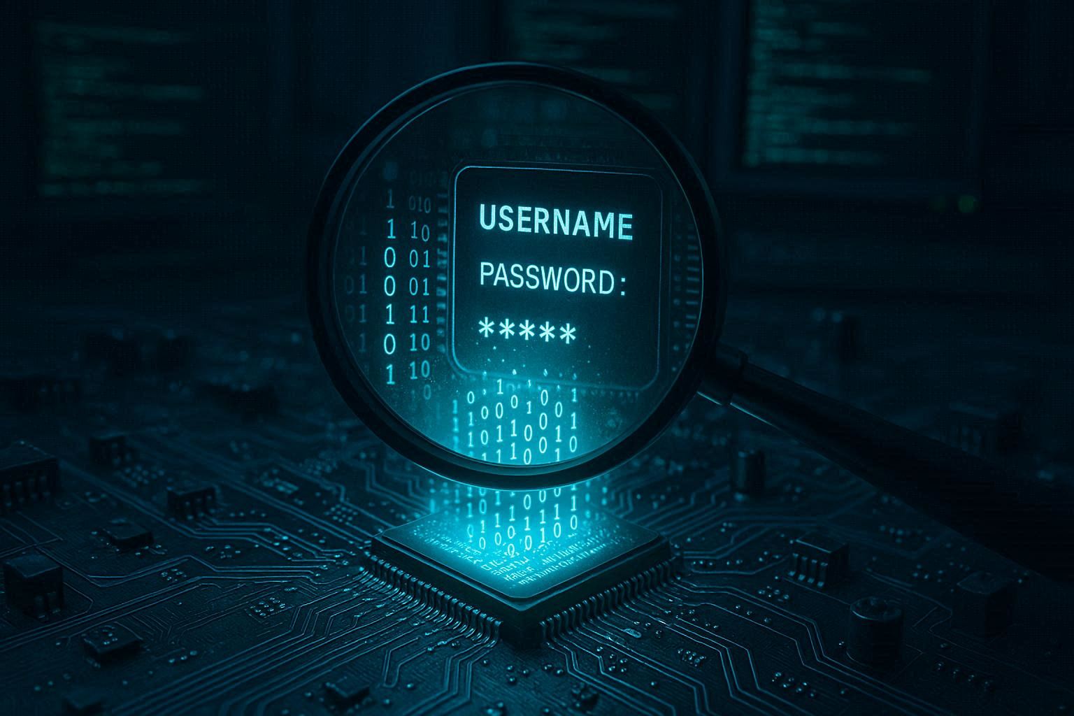 Papan sirkuit close-up dengan microchip bercahaya, kaca pembesar menyorot chip memperlihatkan teks tersembunyi untuk cara analisis firmware IoT, layar terminal hijau di latar gelap