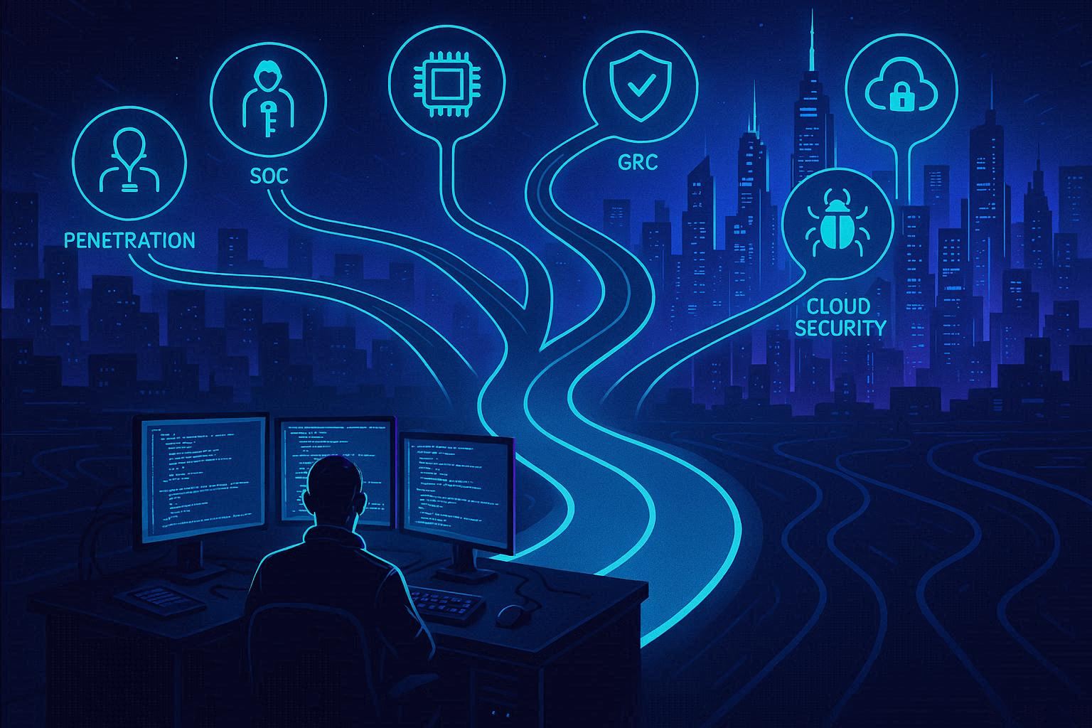 Jalan berkelok dari meja belajar menuju kota futuristik bercahaya dengan enam cabang jalur mewakili berbagai pilihan roadmap karier cybersecurity, figur di depan monitor menyala biru dan ungu