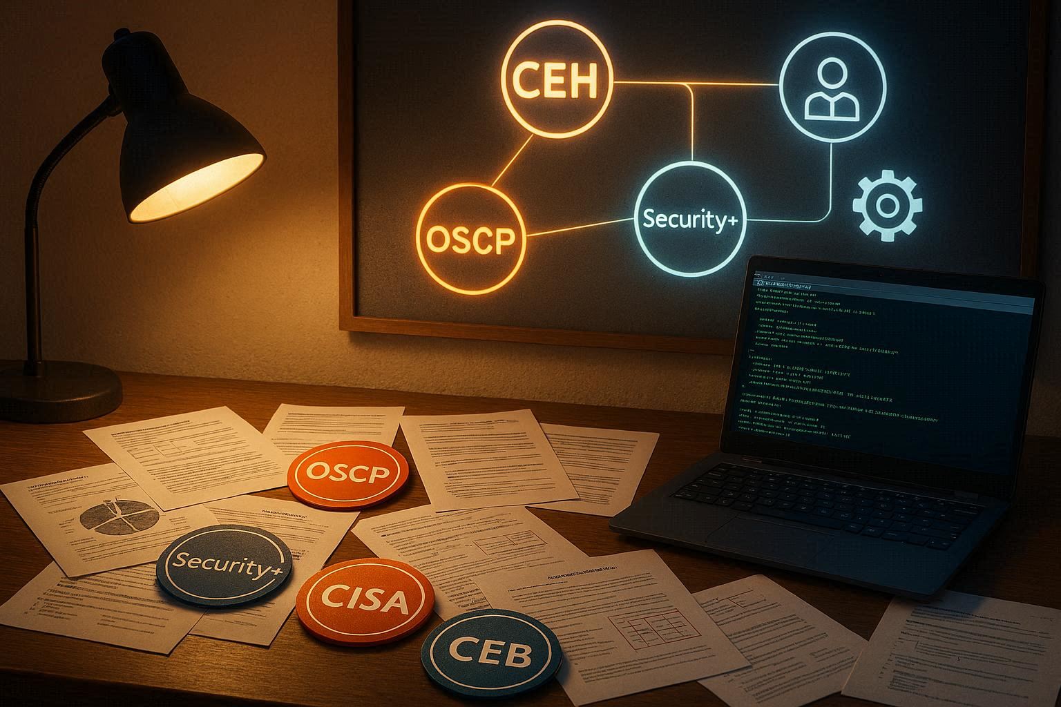 Meja belajar dengan laptop menampilkan terminal pentesting, tiga logo sertifikasi cybersecurity untuk pemula CEH OSCP Security+ melayang terhubung benang ke ikon jalur karier, lampu hangat