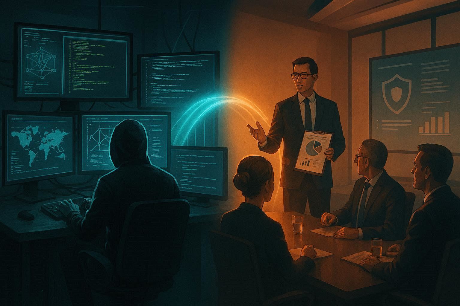 Komposisi terbelah meja hacker dengan monitor kode dan diagram jaringan, dan ruang meeting presentasi ke eksekutif, dihubungkan jembatan bercahaya simbol skill yang dibutuhkan security engineer