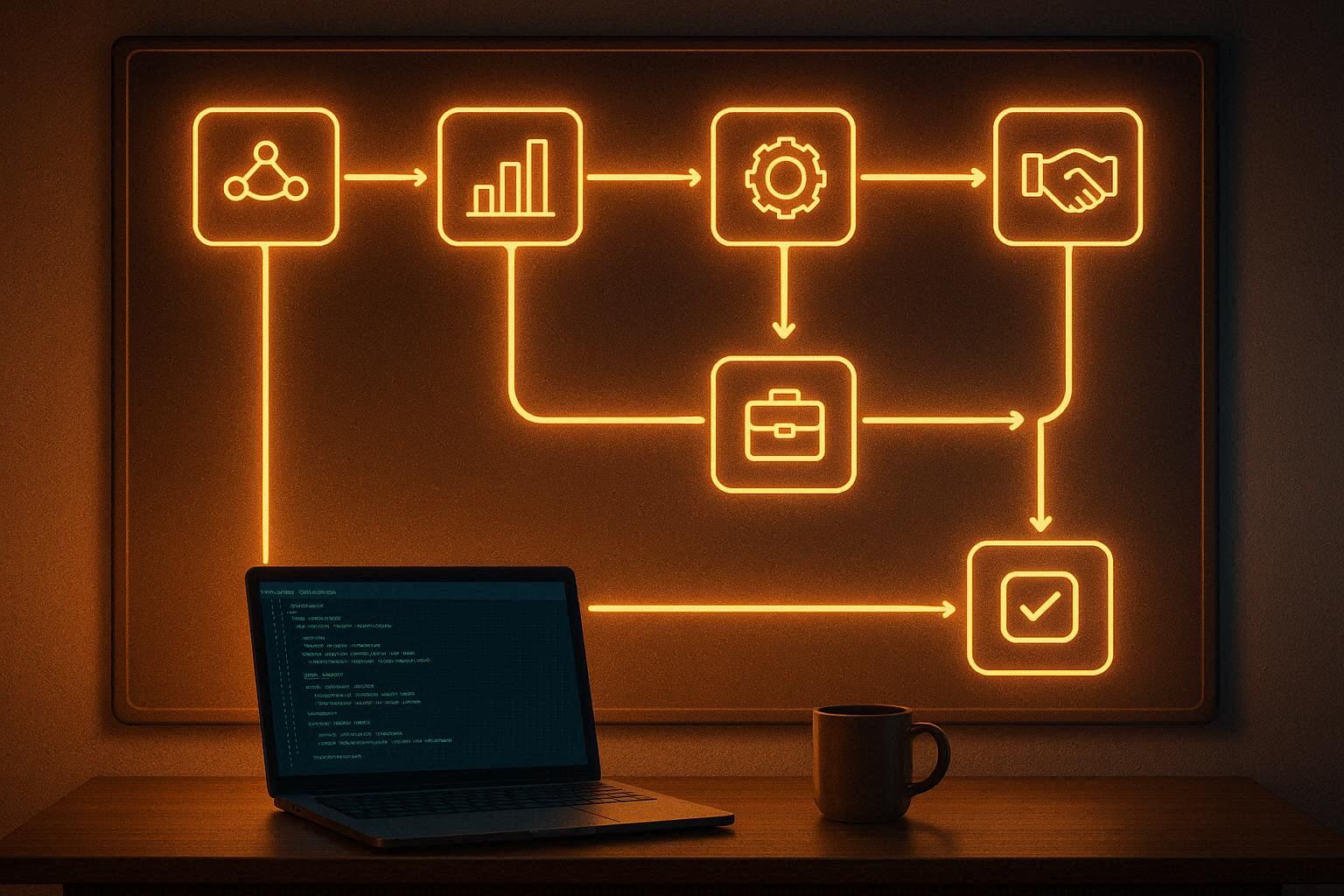 Papan roadmap bercahaya dengan 6 tonggak bulanan dari fondasi teknis sampai tawaran kerja, laptop menampilkan terminal dan cangkir kopi sebagai panduan cara menjadi security engineer