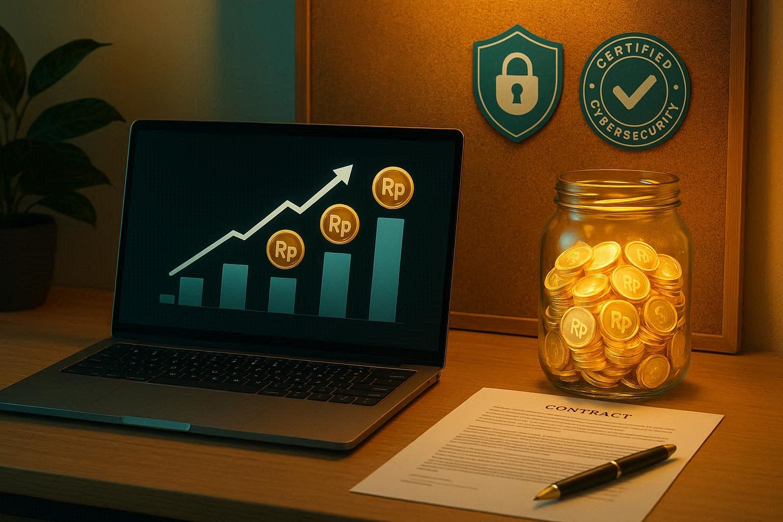 Meja kantor modern dengan laptop menampilkan grafik gaji naik dan simbol rupiah, toples kaca berisi koin emas di samping kontrak, badge sertifikasi di papan gabus, gaji cybersecurity Indonesia 2024