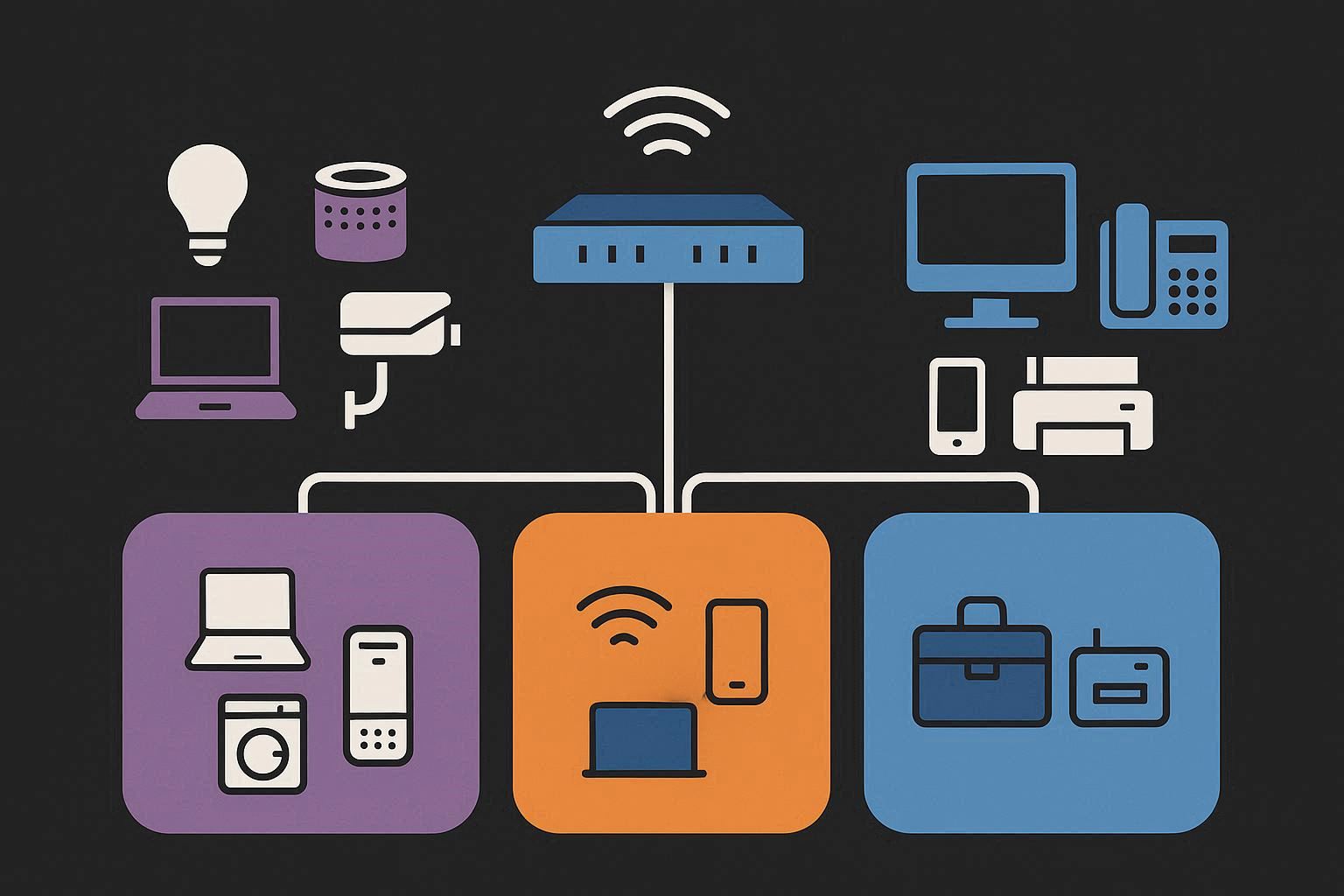 Ilustrasi network segmentation dengan VLAN yang memisahkan jaringan IoT, tamu, dan utama ke dalam segmen berbeda untuk membatasi penyebaran serangan