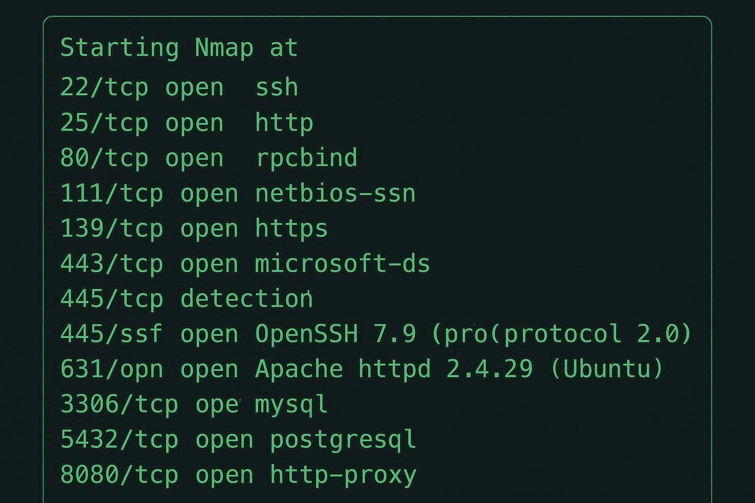 Proses port scanning dengan nmap di terminal Linux menampilkan berbagai port terbuka beserta service detection untuk identifikasi keamanan jaringan