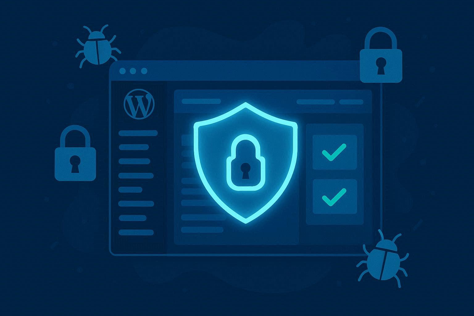 Ilustrasi cara mengamankan website dari hacker dengan perisai keamanan melindungi dashboard WordPress dan berbagai lapisan proteksi untuk pemilik website