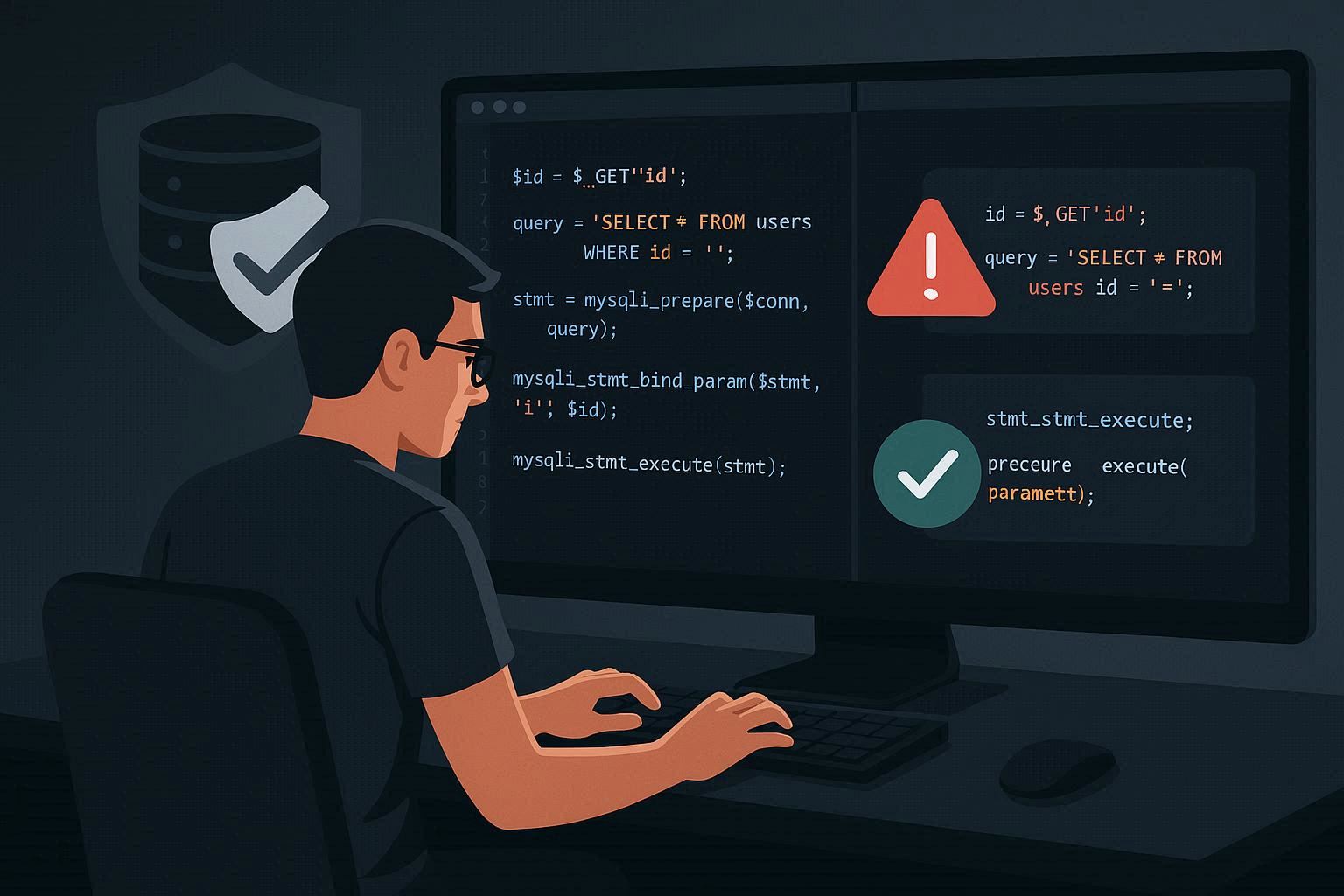 Ilustrasi cara mencegah SQL injection dengan perbandingan kode rentan dan kode aman menggunakan prepared statement untuk melindungi database website