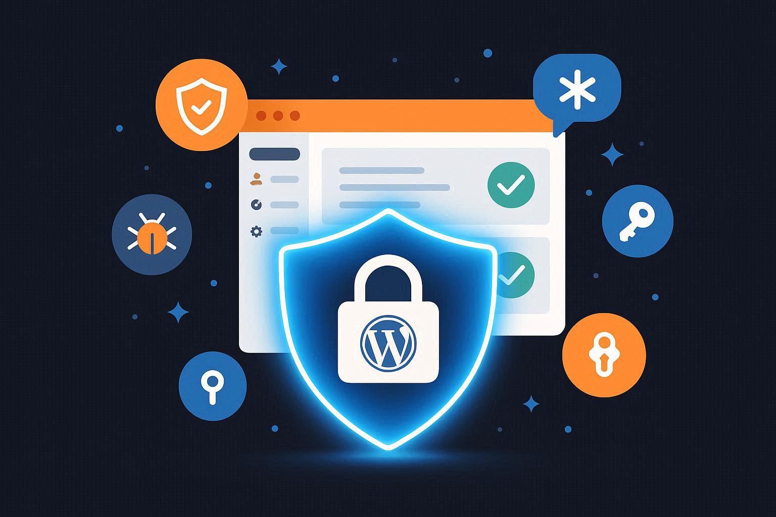 Ilustrasi keamanan website WordPress dengan perisai biru melindungi dashboard dari serangan hacker serta berbagai tips pengamanan untuk CMS WordPress