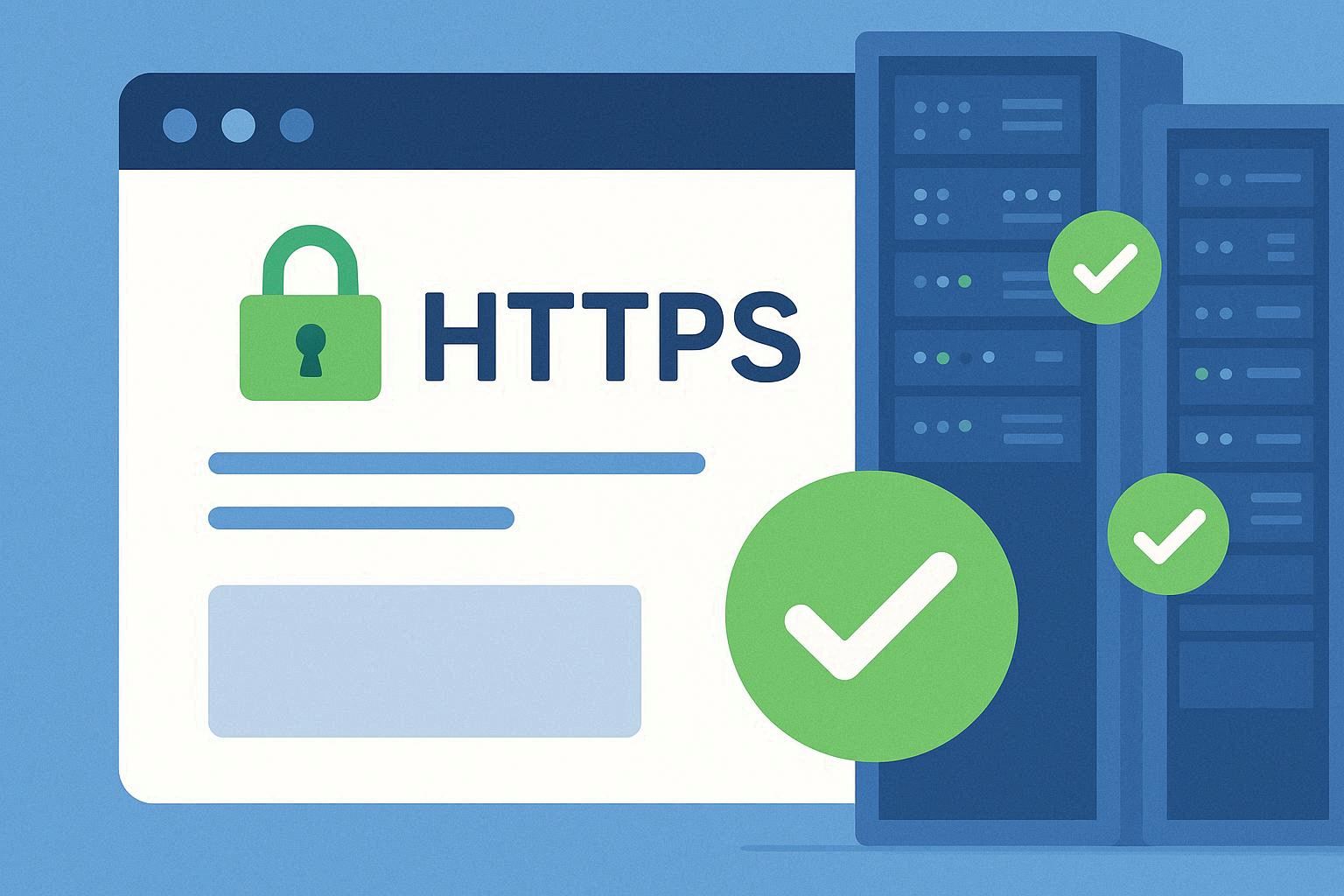 Ilustrasi cara pasang SSL gratis dengan gembok hijau HTTPS di address bar website yang menandakan koneksi terenkripsi dan aman menggunakan Encrypt