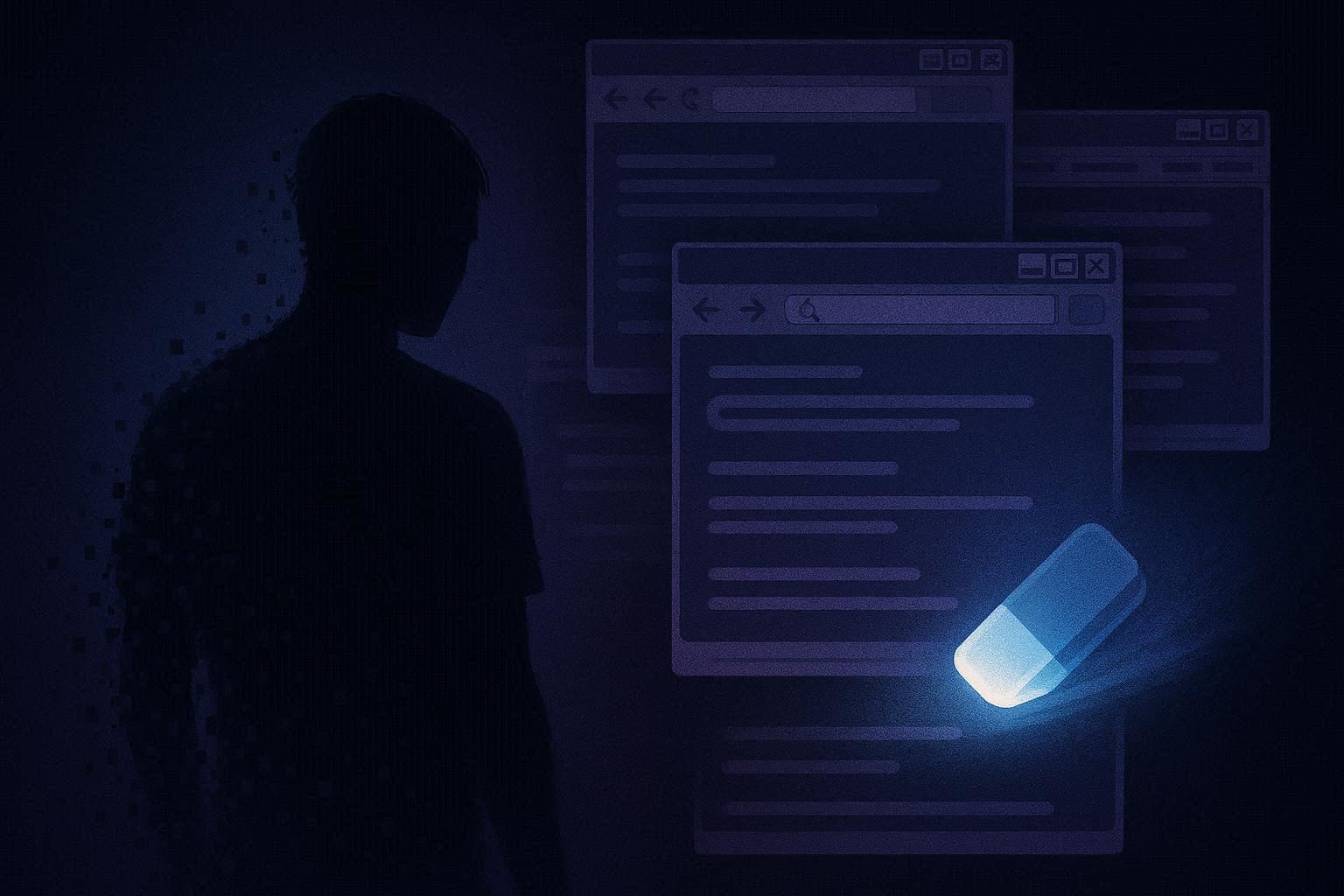 Ilustrasi orang membersihkan jejak digital dengan menghapus data pribadi dari internet, hasil pencarian Google memudar satu per satu seperti partikel digital yang menghilang