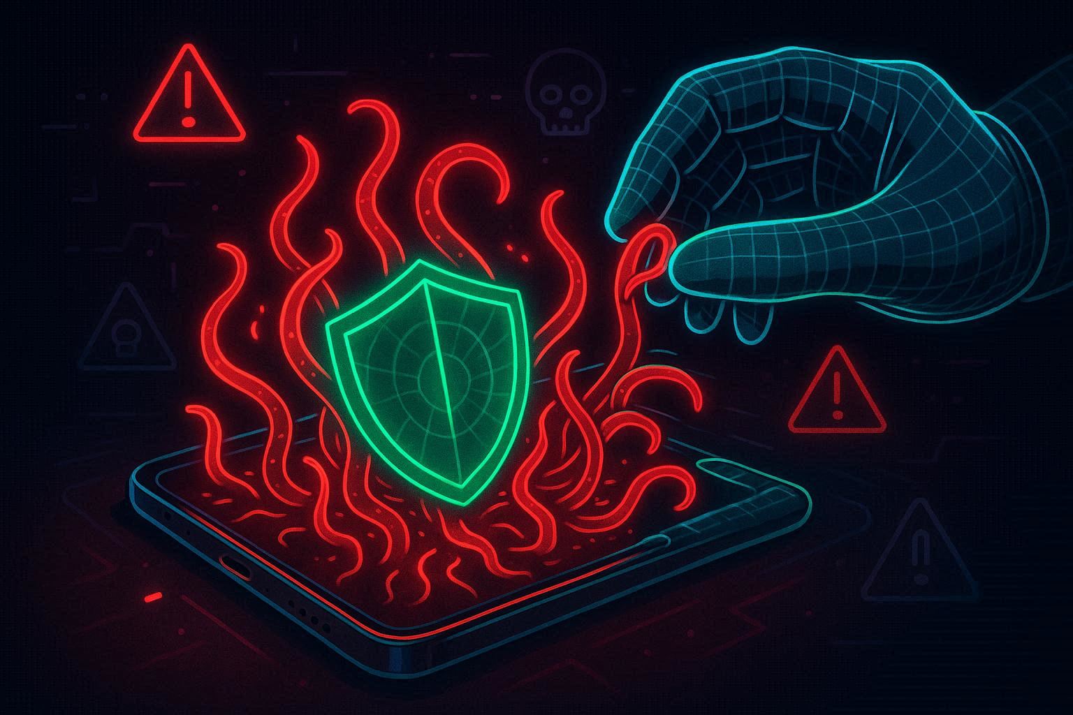 HP Android dengan tentakel merah malware keluar dari layar, tangan digital membersihkan virus satu per satu tanpa merusak data di dalam smartphone seperti proses operasi digital