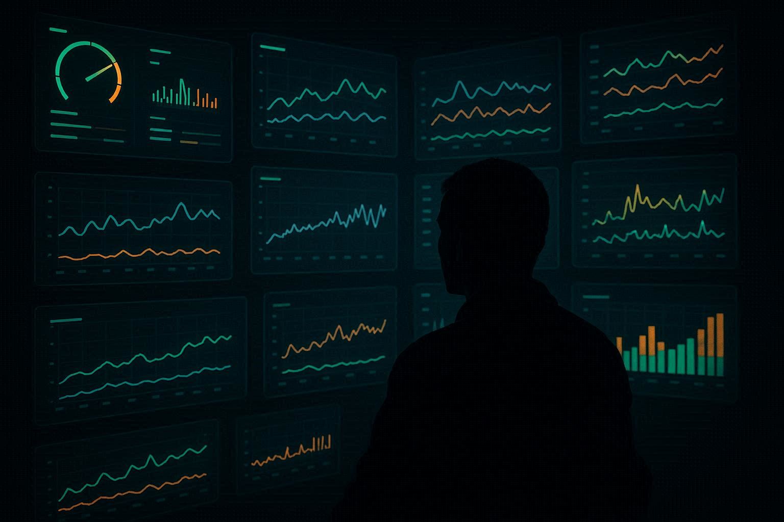 Ilustrasi tools monitoring server gratis dengan berbagai dashboard pemantauan server menampilkan grafik CPU, RAM, dan traffic jaringan secara real-time di layar gelap