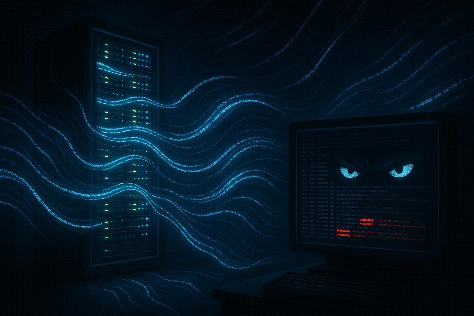 Ilustrasi mata pengamat memantau aliran log server Linux yang bersinar di ruang gelap, terminal menampilkan baris auth.log dengan sorotan merah pada aktivitas mencurigakan