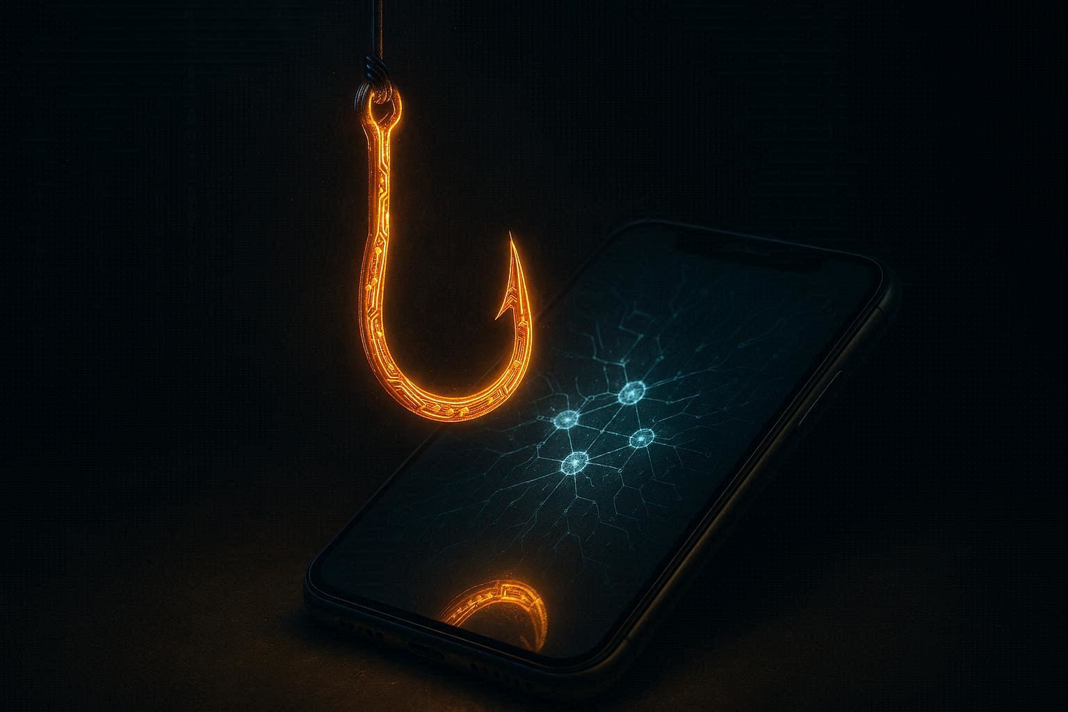 Kail phishing digital bercahaya dari papan sirkuit di depan smartphone, pantulan kail menampilkan pola jaringan AI, email palsu mengambang dengan URL mencurigakan nyaris tak terlihat