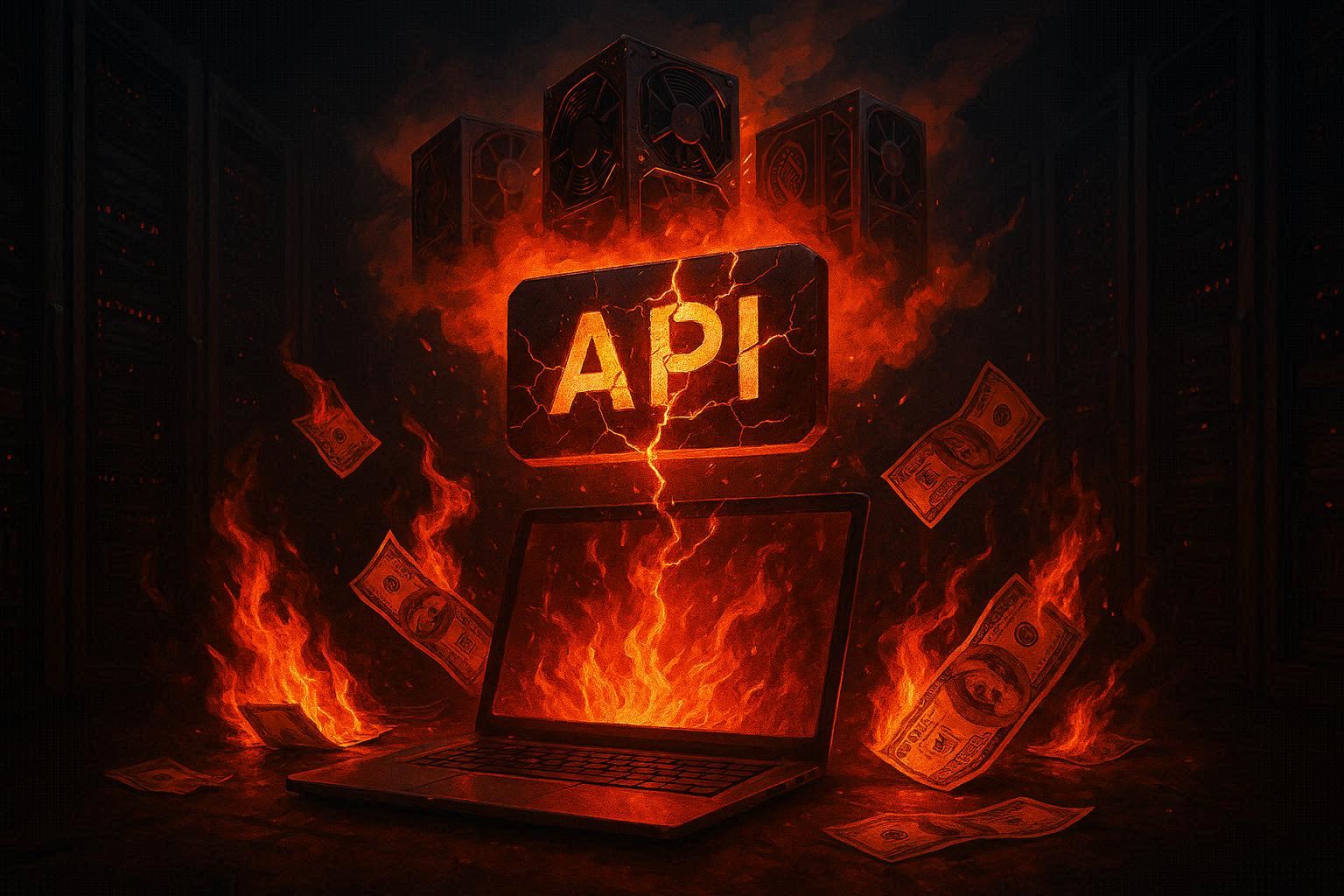 API key bercahaya retak melayang di atas laptop, tagihan dolar terbakar di sekelilingnya, ratusan mesin crypto mining kecil muncul dari awan server gelap, simbol AWS dan GitHub tertinggal di bayangan