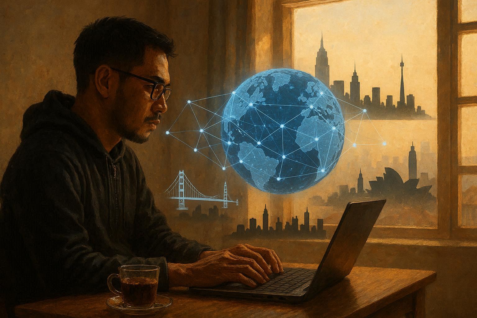 Pekerja cybersecurity Indonesia kerja remote dari kos-kosan, globe digital menampilkan koneksi ke berbagai kota dunia, secangkir kopi tubruk di samping meja, jam dinding menunjukkan pukul 2 pagi WIB