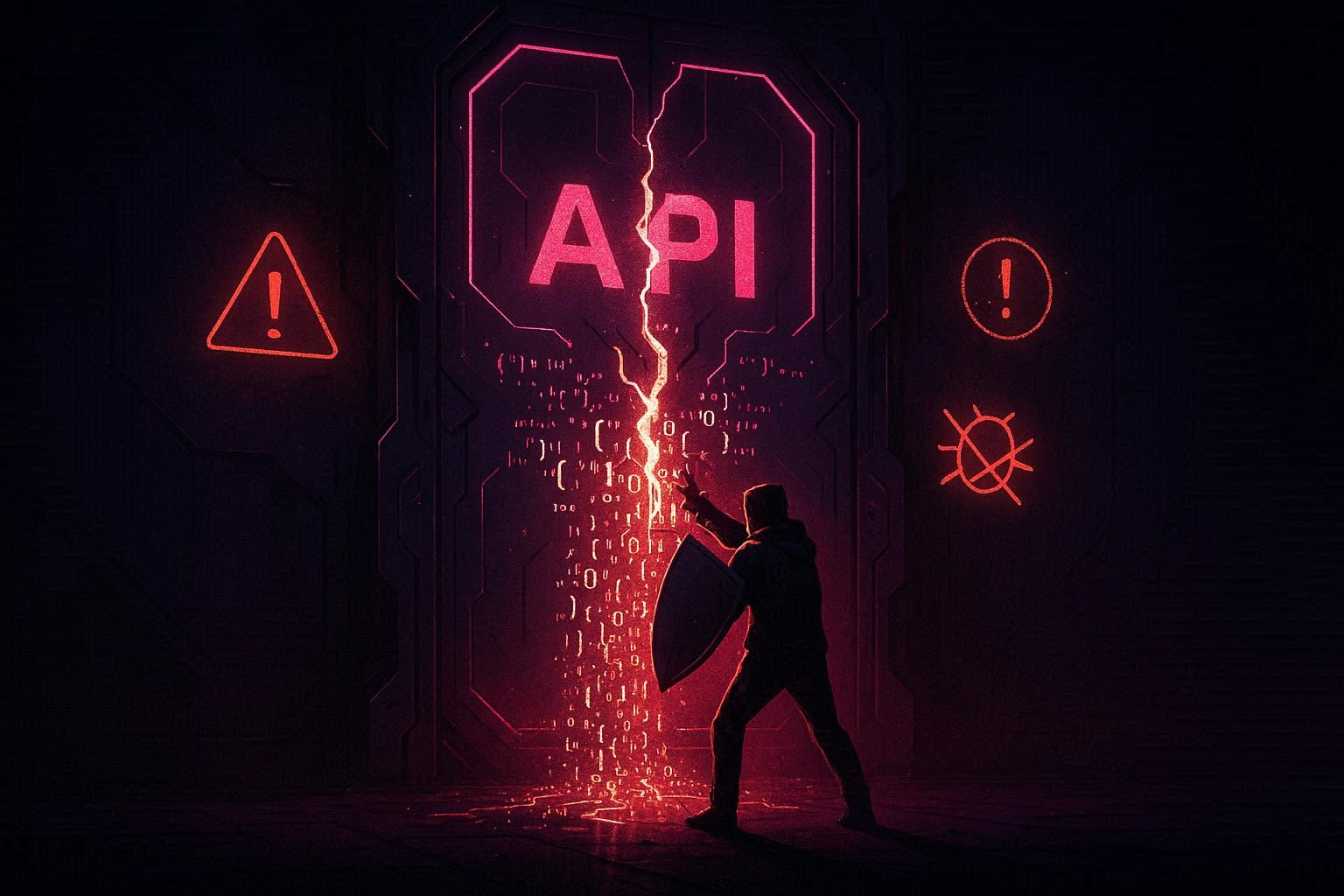Gerbang digital API bercahaya retak mengeluarkan aliran data JSON, pengembang berdiri dengan perisai menambal celah keamanan, simbol peringatan neon berkedip di sekitar gerbang kegelapan