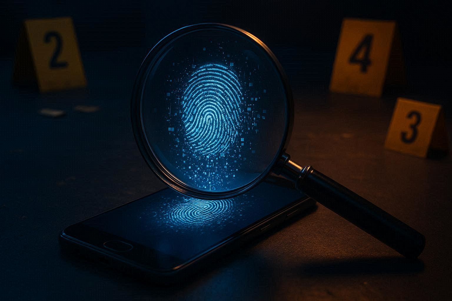 Kaca pembesar di atas smartphone Android menampilkan jejak digital bercahaya dan fragmen data muncul dari layar, ruang investigasi gelap dengan penanda bukti, pencahayaan biru dan amber