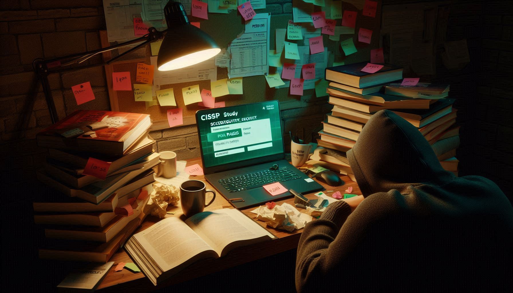 Profesional cybersecurity lelah di meja jam tiga pagi, buku CISSP berserakan, cangkir kopi kosong, sticky notes di dinding, laptop menampilkan hasil ujian hijau passed dengan cahaya redup