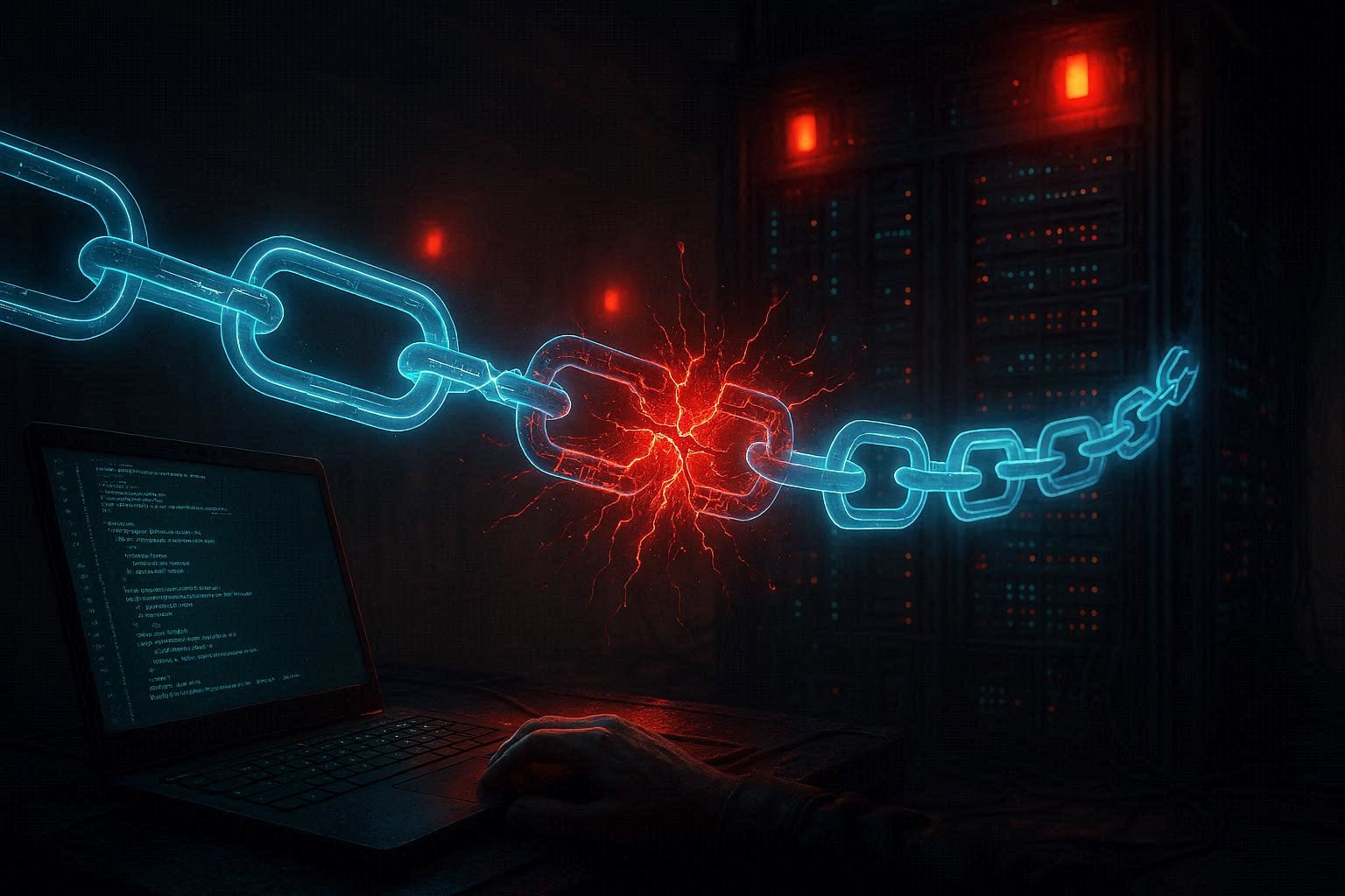 Rantai digital menghubungkan laptop pengembang ke server masif, satu tautan di tengah retak memancarkan kode merah menyebar bak virus, latar industri siber gelap dengan lampu peringatan