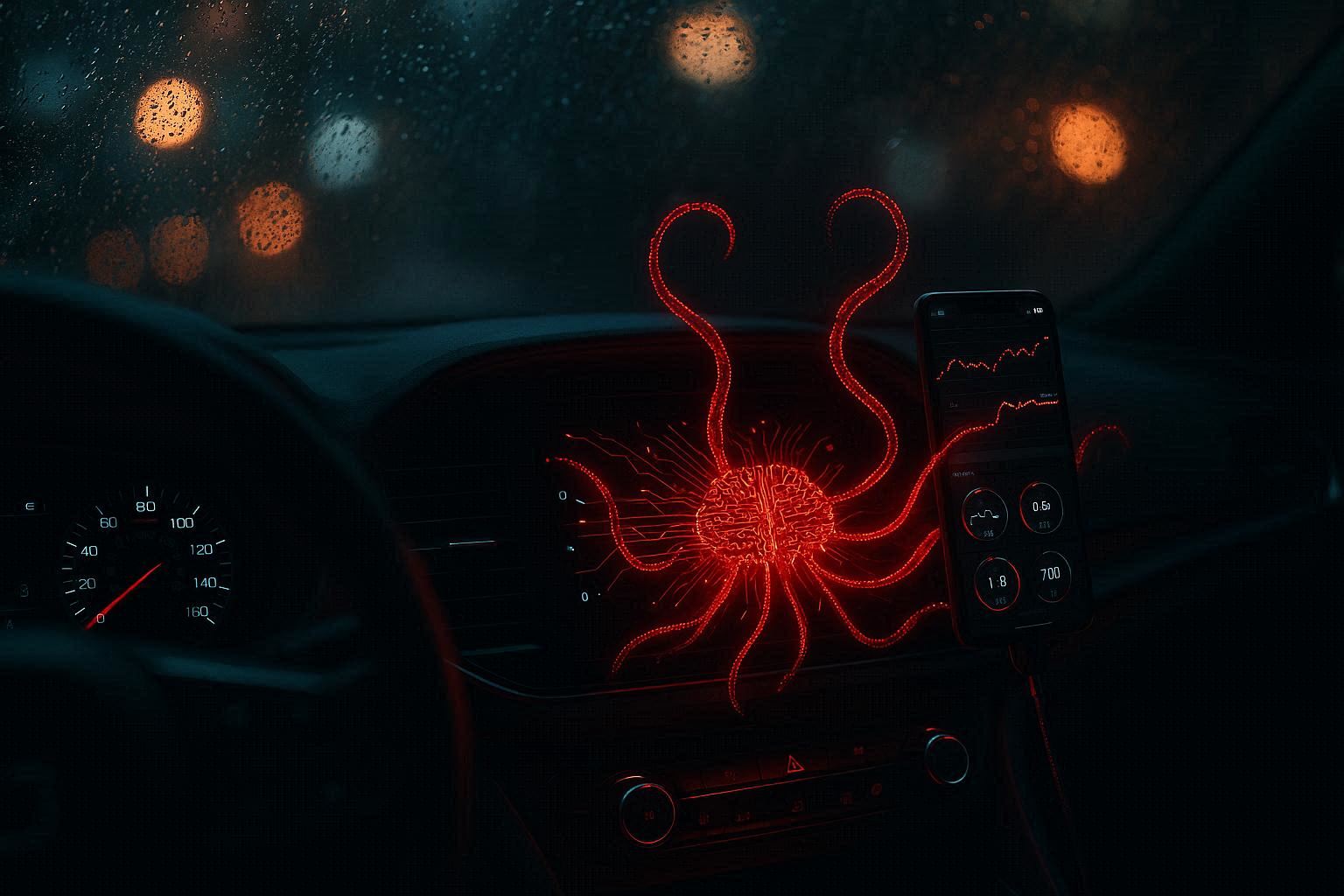 Dashboard mobil modern dengan smartphone terhubung menampilkan data, tentakel digital merah kode berbahaya menjalar ke otak sirkuit mobil, hujan di kaca depan lampu kota berkedip buram