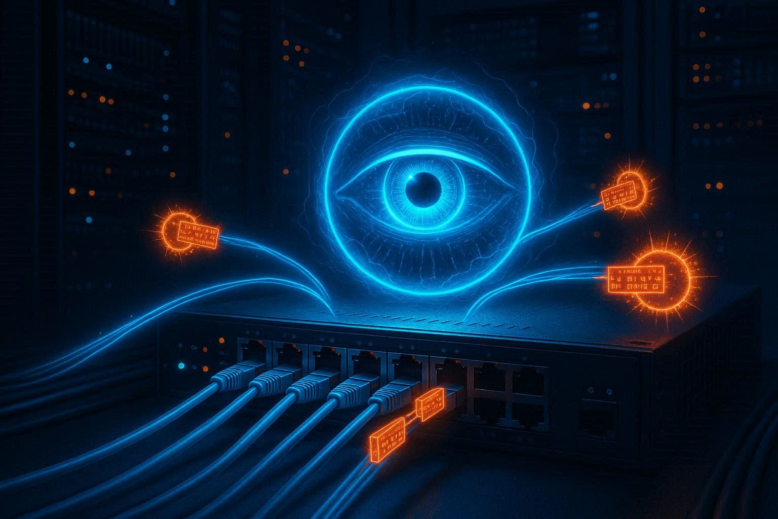Mata digital bercahaya di switch jaringan memantau aliran data kabel serat optik, paket merah berbahaya disorot dan diblokir perisai energi, ruang server gelap dengan deretan rak berkedip